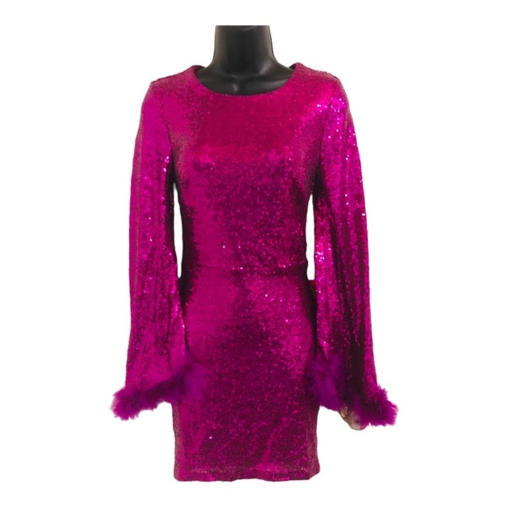 Pink raspberry full sequin feather flare bell long sleeve mini bodycon dress szS